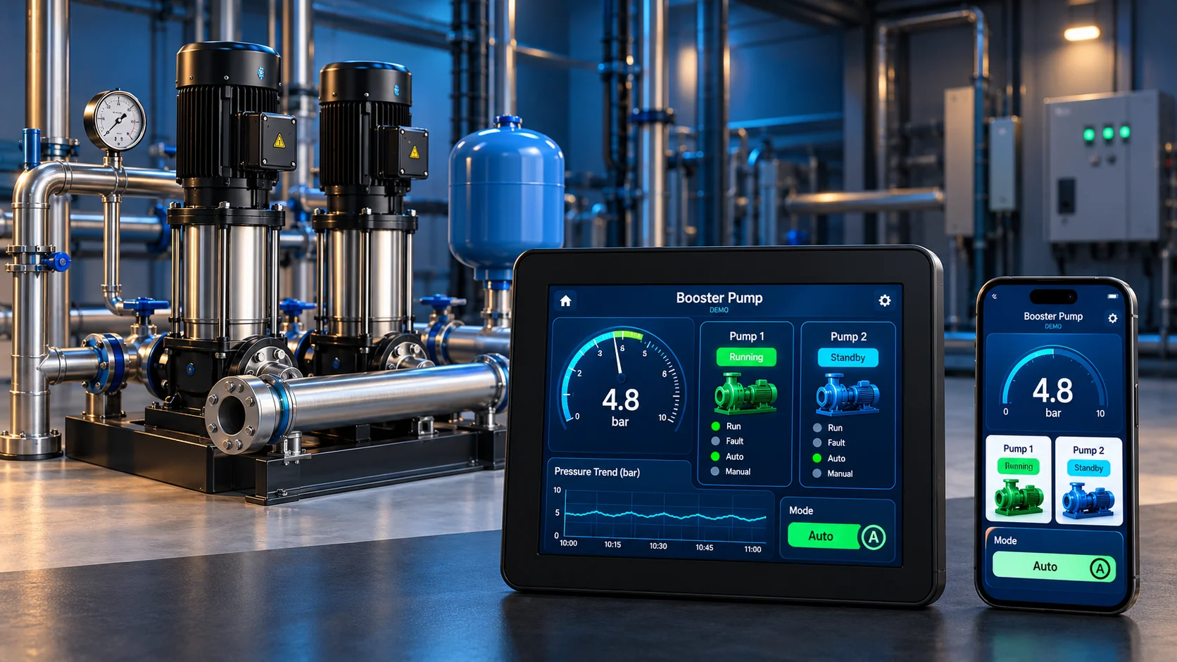Industrial Booster Pump Control illustrative system configuration