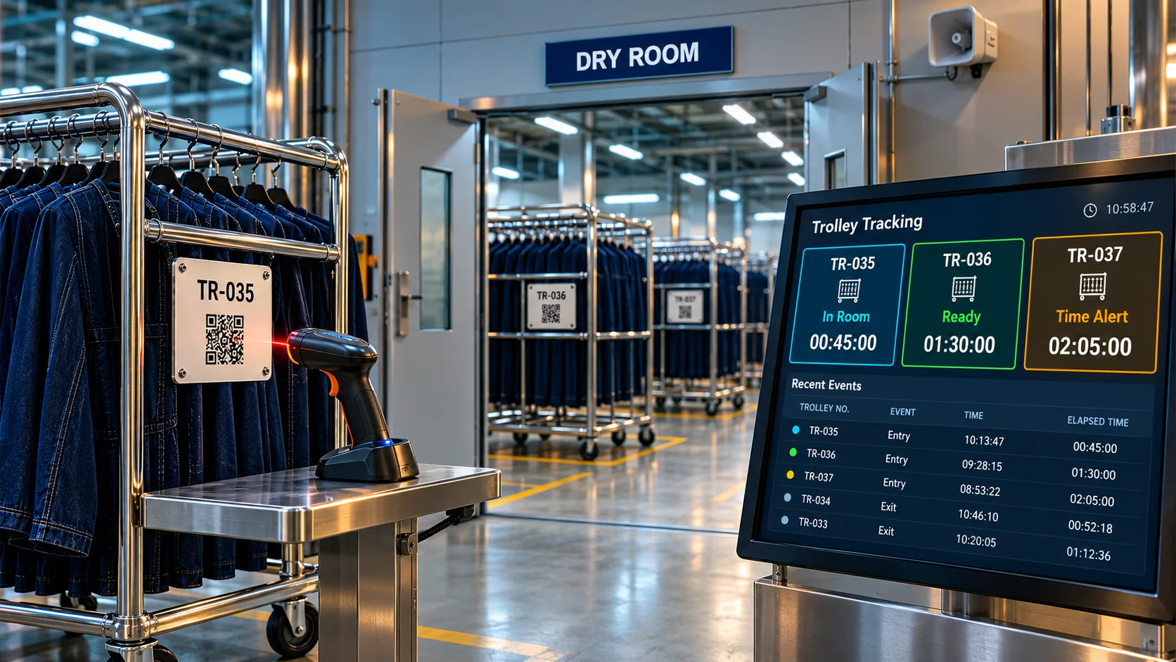 Garment Trolley Tracking concept equipment and dashboard