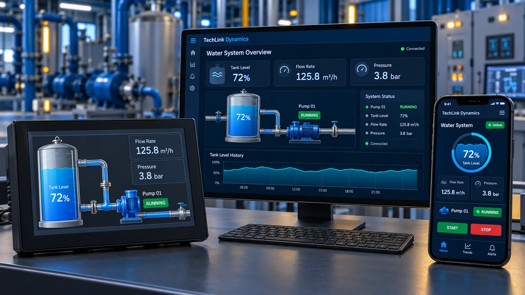 Local HMI, desktop web dashboard, and smartphone showing an illustrative water tank and pump monitoring system