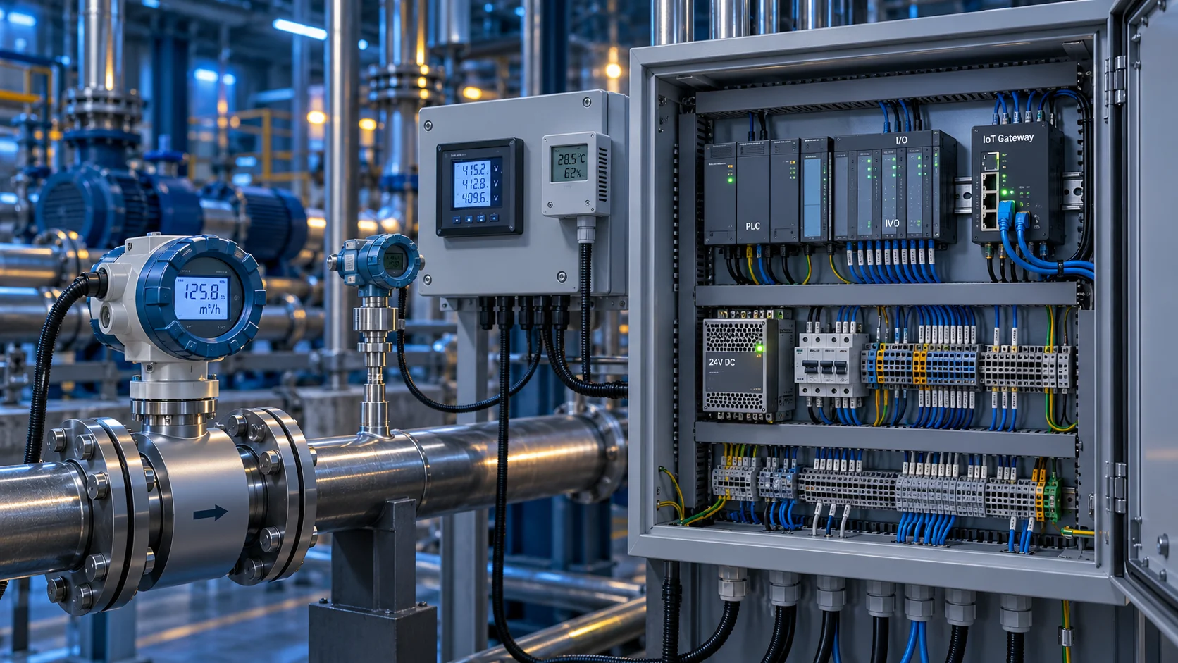 Illustrative flow and pressure sensors, electrical meter, and temperature sensor connected to a PLC and IoT gateway in an industrial control cabinet