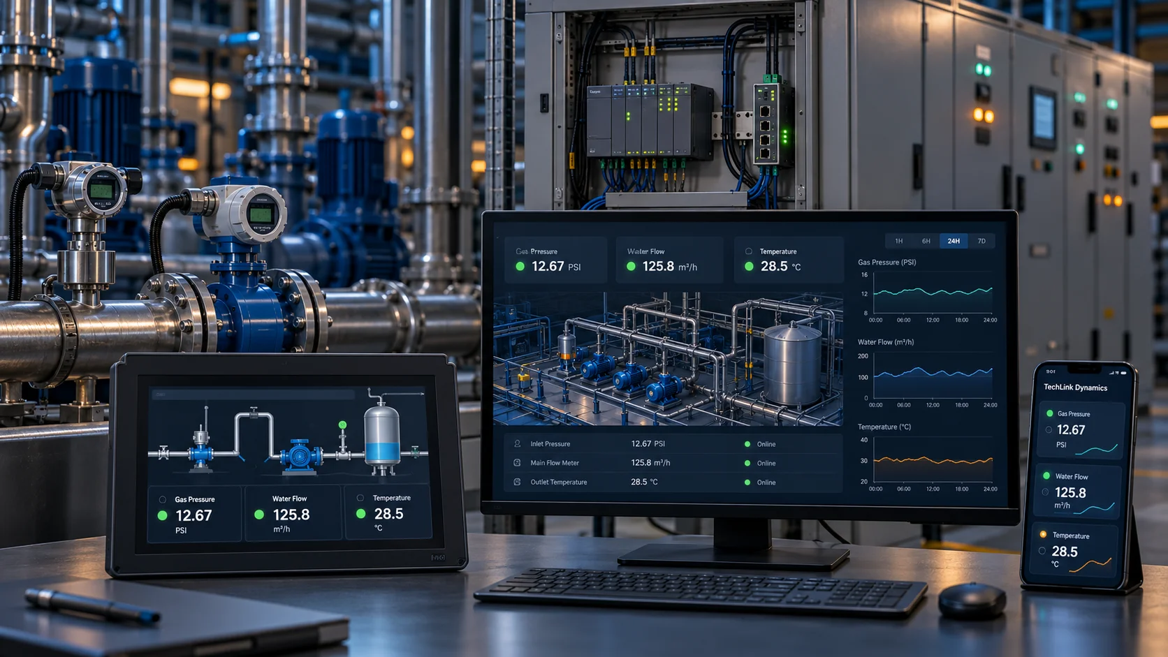 Illustrative industrial sensors, PLC and gateway connected to an HMI, desktop dashboard, and mobile app
