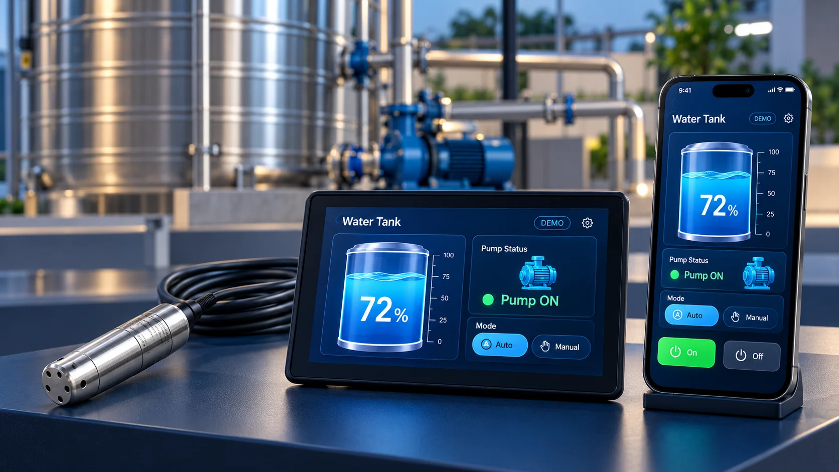 Tank Level & Pump Control System concept equipment and dashboard